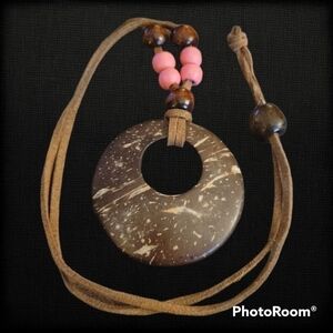 5/$25 COCONUT Shell Pendant Wood Beaded Suede Cord Kidcore Necklace